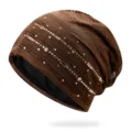Elegant brown slouchy beanie for women with shimmering rhinestones and ribbed texture. - One Size (Stretchy) / Coffee