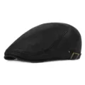 Black textured leather newsboy cap with adjustable side buckle for winter - One Size (Adjustable) / Litchi Grain Faux Leather / Black