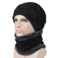 Black winter knit beanie and fleece-lined neck warmer set with grid pattern for outdoor warmth - Style 1 / Hat and Neck Warmer Set / Black