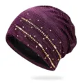 Elegant purple slouchy beanie with sparkling rhinestone patterns for women - One Size (Stretchy) / Fuschia
