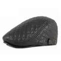 Premium black quilted leather flat cap with side buckle adjustment for men and women - One Size (Adjustable) / Quilted Diamond Leather / Black