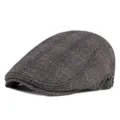 Classic brown tweed flat cap with adjustable side leather strap for autumn and winter - One Size (Adjustable) / Plaid Fabric / Coffee