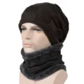 Winter warm knitted beanie and neck warmer set in dark brown featuring square grid pattern - Style 1 / Hat and Neck Warmer Set / Coffee