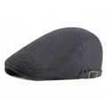 Grey textured fabric flat cap with adjustable side buckle for autumn and winter warmth - One Size (Adjustable) / Small Plaid Woolen / Navy Black