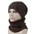 Warm winter fleece-lined knitted beanie and matching neck warmer set in dark brown melange - Style 2 / Hat and Neck Warmer Set / Coffee