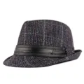 Classic vintage plaid wool fedora hat with black leather band for autumn and winter style - Small Gingham Style / Small Plaid - Navy Blue