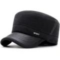 Professional charcoal wool military flat cap for men featuring a textured leather brim - PU Leather Brim Style / Dark Gray