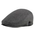 Classic grey herringbone flat cap with adjustable leather back strap for men and women - One Size (Adjustable) / Herringbone Fabric / Black and Gray