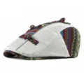 Stylish ethnic beret hat for women featuring grey fabric and colorful woven patterns - 56-59cm (Adjustable) / Toggle Style / White