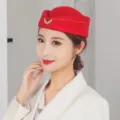Elegant red stewardess pillbox hat for women featuring a gold wing emblem detail - One Size (Fits 55-57cm Head Circumference) / Red