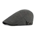 Grey herringbone wool blend flat cap with blue plaid lines and adjustable side buckle - Adjustable (56-60cm) / Plaid Black