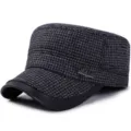 Premium men's winter wool flat top military cap featuring a grey houndstooth pattern and leather brim - Checkered JEANS Style / Light Gray