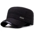 Men's winter warm military cap in dark plaid pattern with stylish leather brim detail - Checkered JEANS Style / Coffee