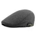 Classic dark grey wool beret flat cap with adjustable side leather buckle strap for men - One Size (Adjustable) / Wool / Gray