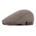 Classic brown herringbone newsboy flat cap with adjustable side leather buckle strap - One Size (Adjustable) / Herringbone Fabric / Coffee