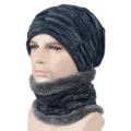 Warm knitted checkered beanie and neck warmer set with thick fleece lining in dark blue - Style 1 / Hat Only (Without Scarf) / Navy Blue