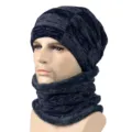 Warm navy blue checkered knit beanie and fleece-lined neck warmer set for autumn winter - Style 2 / Hat and Neck Warmer Set / Navy Blue
