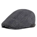 Premium grey tweed flat cap for men with adjustable black leather side buckle strap. - One Size (Adjustable) / Plaid Fabric / Navy Blue