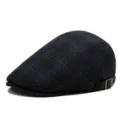 Classic navy blue textured flat cap for autumn and winter with adjustable metal buckle - One Size (Adjustable) / Plaid Fabric / Black