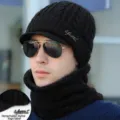 Black winter knit hat and neck warmer set for men featuring warm fleece lining - One Size (Stretchy) / Set / Black