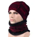 Warm winter knitted beanie and neck warmer set with fleece lining in burgundy marl - Style 2 / Hat and Neck Warmer Set / Burgundy