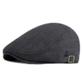 Stylish textured dark gray flat cap with adjustable side buckle for autumn and winter. - One Size (Adjustable) / Striped Woolen / Black