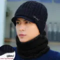 Men's navy knitted beanie with visor and matching black neck warmer scarf set - Suit-dark blue / One Size (Stretchy)