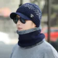 Herren Winter Set: Marineblaue Strickmütze und Halswärmer mit warmem Fleece-Futter - Set-Snowflake-Navy Blue / Einheitsgröße (Dehnbar)
