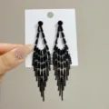 Elegant long black tassel fringe earrings with shimmering multi-layered gem detailing - E4308 (9.8cm) / Gunmetal