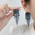 Statement oversized fringe earrings with sparkling dark blue and green crystals - E4321 (6.5cm) / Gunmetal