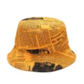 Fashionable yellow bucket hat with a full black newspaper print for sun protection - Adjustable (56-60cm) / Yellow