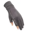 Outdoor grey suede warm winter gloves featuring two-finger exposed design for men and women - One Size / Exposed Two Fingers / Gray