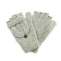 Cozy grey wool cable knit convertible fingerless gloves with decorative button for winter - One Size / Solid Color Style / Gray