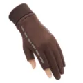 Premium dark brown suede winter glove featuring two-finger exposed touchscreen design. - One Size / Exposed Two Fingers / Coffee