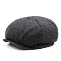 Classic grey plaid newsboy cap for men, stylish autumn winter wool-like baker boy hat. - One Size / Black Grey Fine Plaid (No. 5)