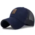 Navy blue mesh back baseball cap with premium leather patch featuring a golfer logo - Back Net style-dark blue / Adjustable (Fits 56-60cm Head)