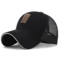 Men's black cotton mesh back baseball cap featuring a brown leather EDIKO patch - Rear net-black clip White / Adjustable (Fits 56-60cm Head)