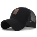 Men's breathable black cotton mesh baseball cap featuring premium brown leather patch - Rear net-black clip Coffee / Adjustable (Fits 56-60cm Head)