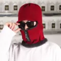 Red winter knitted balaclava with fleece lining and integrated neck warmer for outdoor sports - Zipper - Red