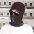 Warm brown knitted outdoor balaclava with brim and faux fur lining for winter riding - Zipper - Coffee
