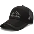 Black breathable mesh baseball cap with mountain embroidery for outdoor sun protection - Mountain Style (Hook and Loop) / Black