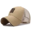 Berretto da baseball in mesh kaki da uomo con retro traspirante e toppa in pelle - Retro in Rete - Cachi / Regolabile (Adatto per circonferenza testa 56-60cm)