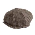 Vintage brown plaid newsboy cap for men, retro autumn winter wool blend flat hat - One Size / Dark Brown Plaid (No. 16)