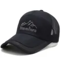 Navy blue mesh baseball cap with embroidered mountain peak and Travelliers text - Mountain Style (Hook and Loop) / Navy Blue