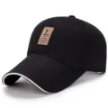 Berretto da baseball classico in cotone nero con patch in pelle e bordo bianco. - Cotton-Black with White / Regolabile (Adatto per circonferenza testa 56-60cm)