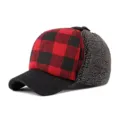 Red and black buffalo plaid winter baseball cap with grey sherpa ear flaps - L(56-58cm) / Red and Black Grid