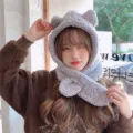 Adorable grey plush hooded scarf with bear ears for winter outdoor warmth and style - One Size / Open Neckline Style / Gray