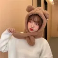 Cute brown plush bear ear hooded scarf for women providing winter warmth and style - One Size / Open Neckline Style / Brown