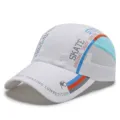 Quick-dry lightweight white baseball cap with breathable mesh panel and skate graphics. - Adjustable (55-60cm) / Metal Silver Buckle / White
