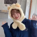 Cozy beige plush bear-eared integrated hat and scarf combo for autumn and winter outdoor wear - One Size / Open Neckline Style / Beige